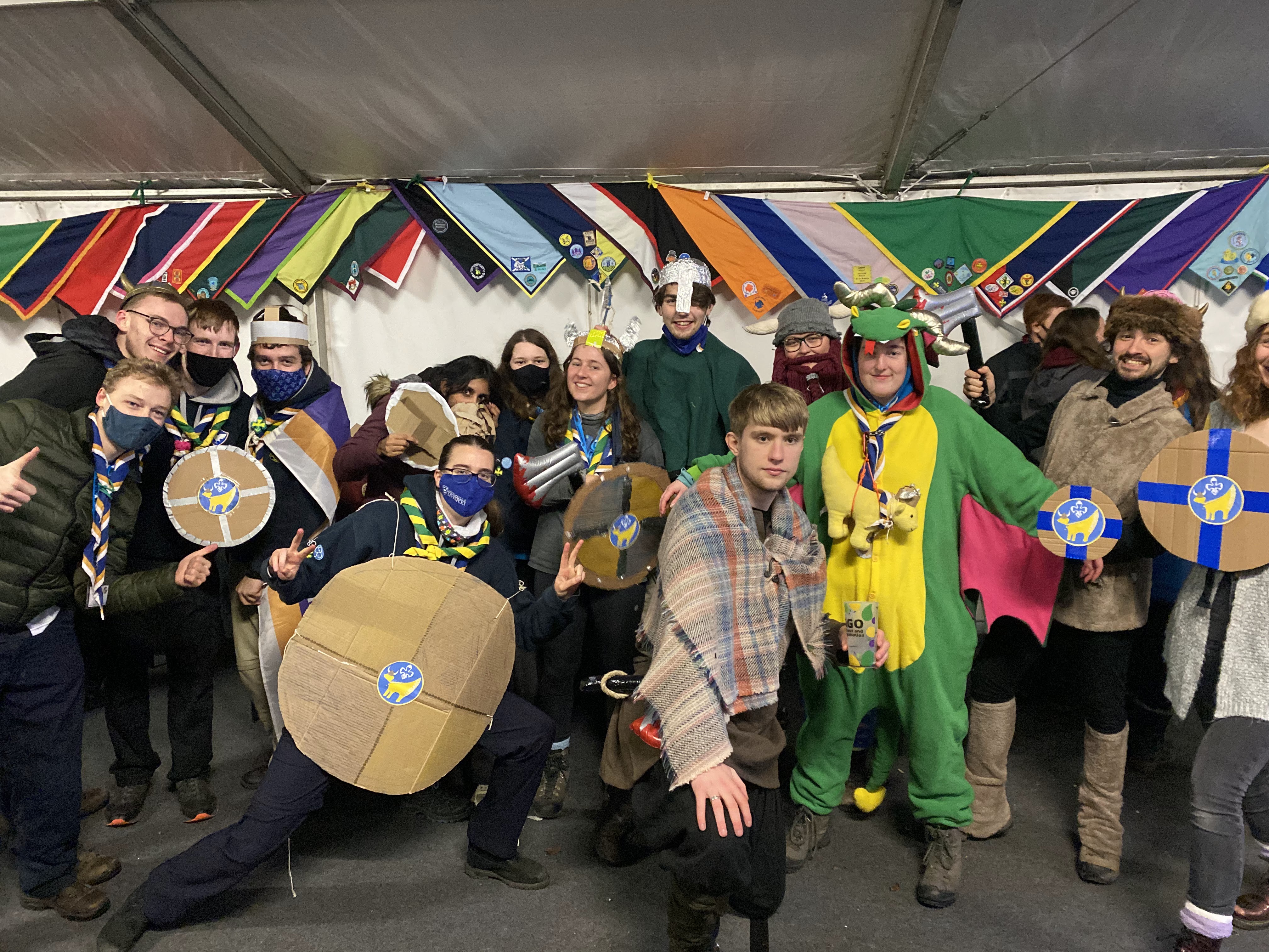 Medium sized group photo of those wearing Viking themed fancy dress before the ceilidh